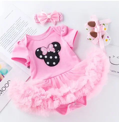 3pcs Disney Summer Miinie cotton rompers new girl baby  short-sleeved robe suit 0-2 years old baby crawling suit rompers
