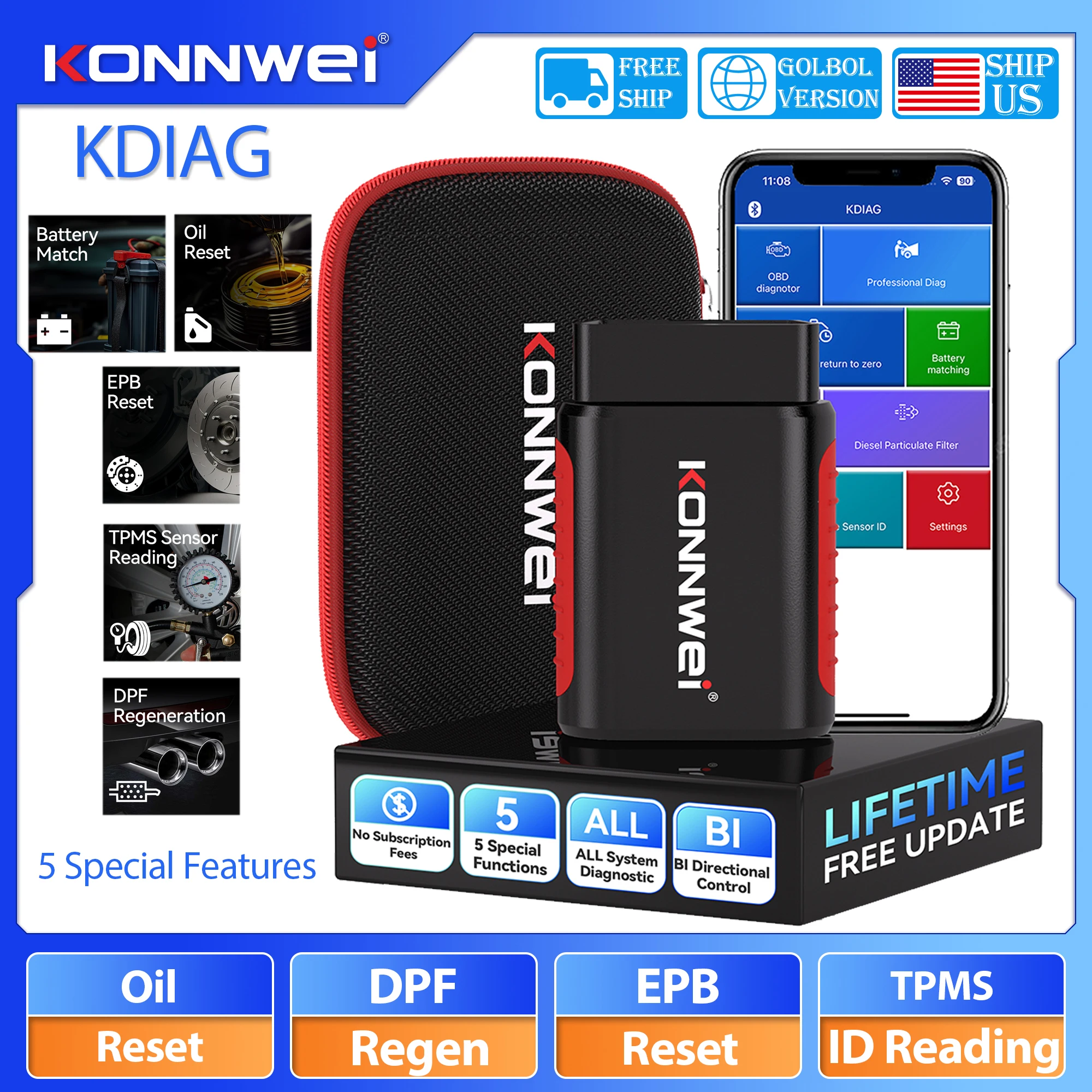 KONNWEI KDIAG Bluetooth OBD2 Automotive Scanner Check Engine Fault Code Reader Car Diagnostic Scan Tool