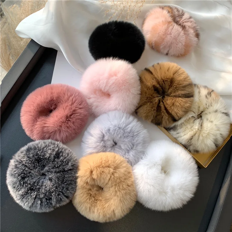 Fashion Winter Furry Rabbit Fur Scrunchies Elastic Hair Bands Women Girls Soft Solid Ponytail Holder Hair Ties Hair Accessories