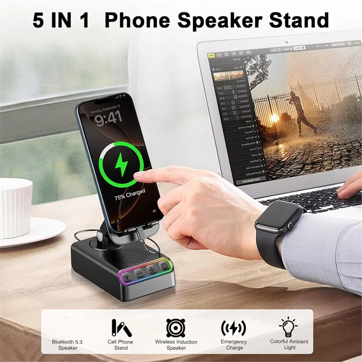 Adjustable Cell Phone Stand with Wireless Bluetooth Speaker ABS For