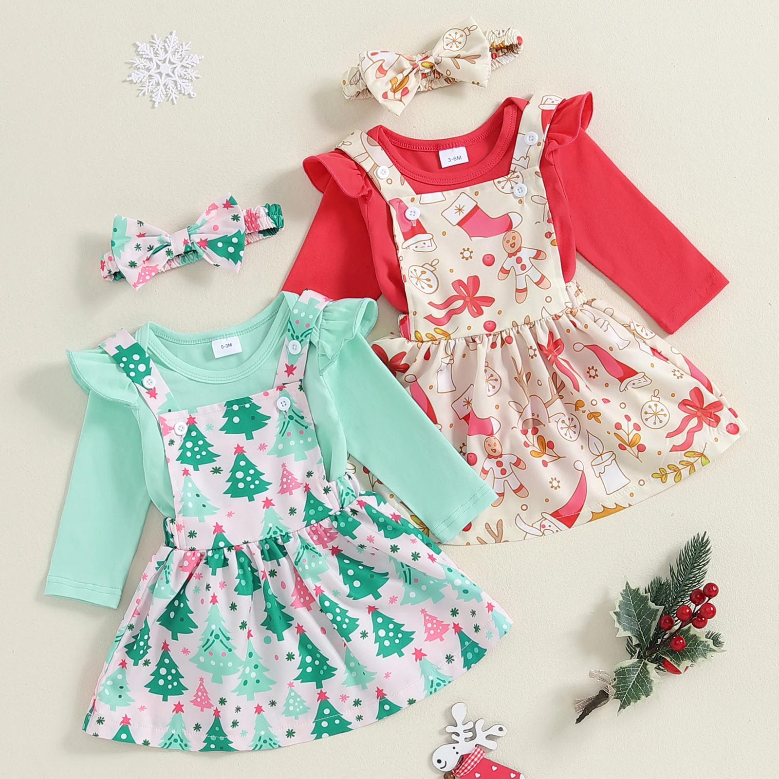 

Baby Girl Christmas Outfit Ruffle Long Sleeve Ribbed Romper Christmas Tree Print Suspender Skirt Bow Headband