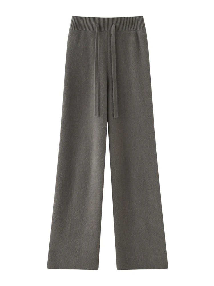 

Women Cashmere Straight Wide Leg Pants Autumn Winter Lace-up Thick Warm 100% Cashmere Knitted Trousers Casual Simple Long Pants