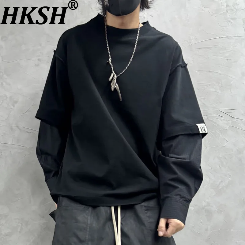 

HKSH Spring Autumn New Men Trend Shirt Sleeve Design Patchwork Loose T-shirt Chic O-Neck Frayed Fashion Casual Punk Tops HK12762