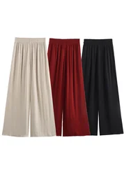 KAOPU ZA Women with elastic waistband pleated side pocket pants vintage high waist wide-leg female trousers mujer