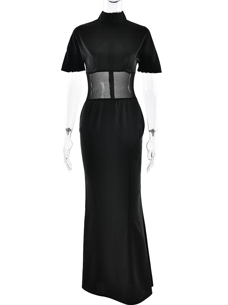 Sukienka maxi Oniflyme z siateczki i satyny, damska, seksowna, z golfem, krótkim rękawem, obcisła, elegancka sukienka na imprezę, vestido