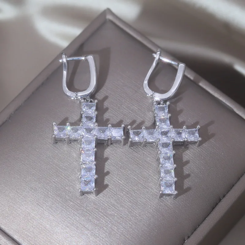 South Korea New Design Fashion Jewelry Luxury Zircon Cross Pendant Earrings Elegant Women\'s Party Accessories