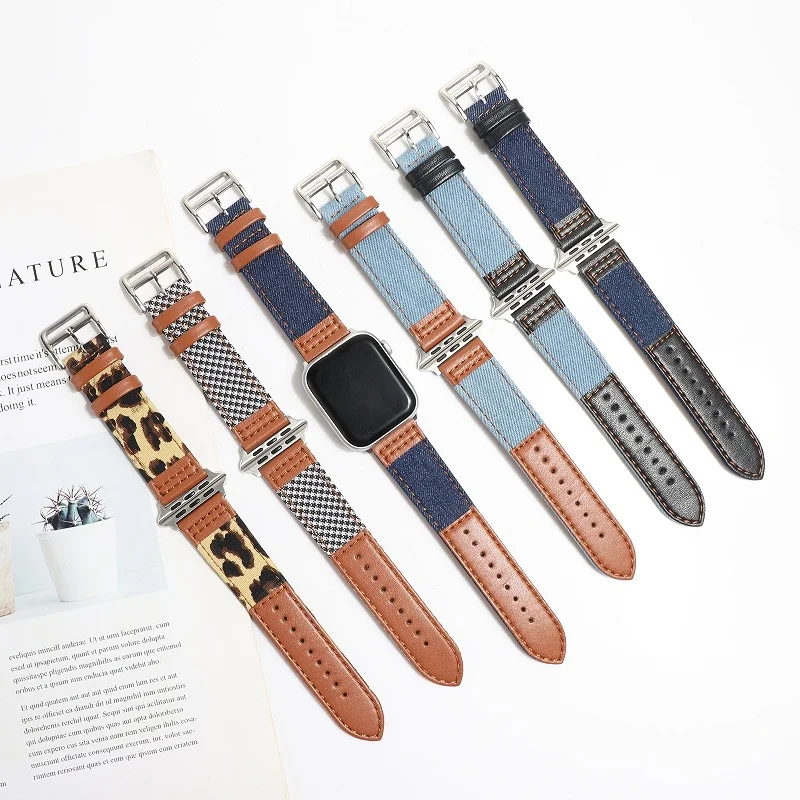 Denim Canvas + Genuine Leather Strap for Apple Watch Series 7/8/SE/6/5/4/3/2/1 (38MM 40MM 42MM 44MM 41mm 45mm 49mm)