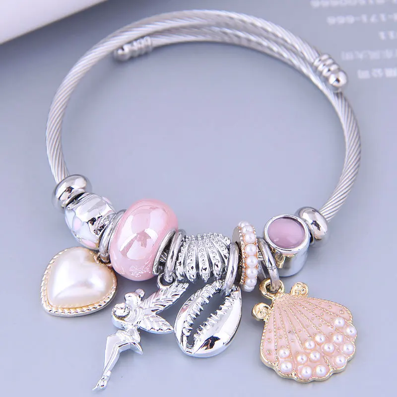 New Exquisite Stainless Steel Bracelet Fashion DIY Hand Beaded Love Angel Shell Pearl Charm Bangles Jewelry Gift for Women Girls