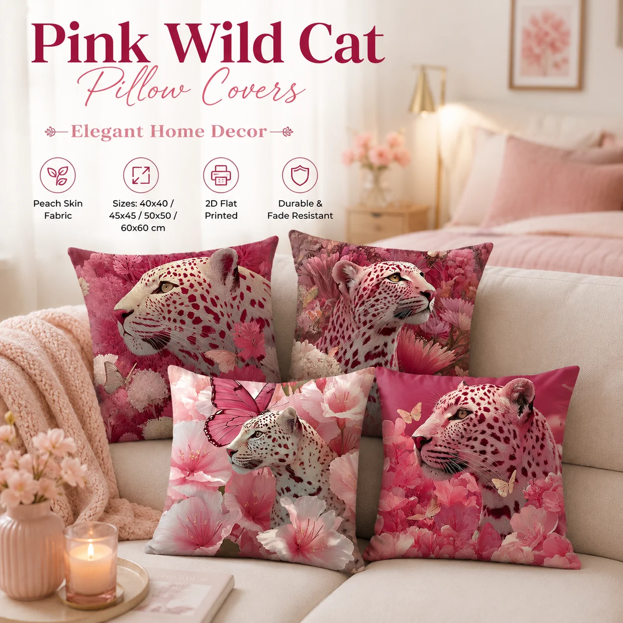 

Cherry Blossom Pink Leopard Pillowcase Peach Skin Fabric 2D Flat Printed Animal Cushion Cover Pillow Cover for Sofa Bed Decor
