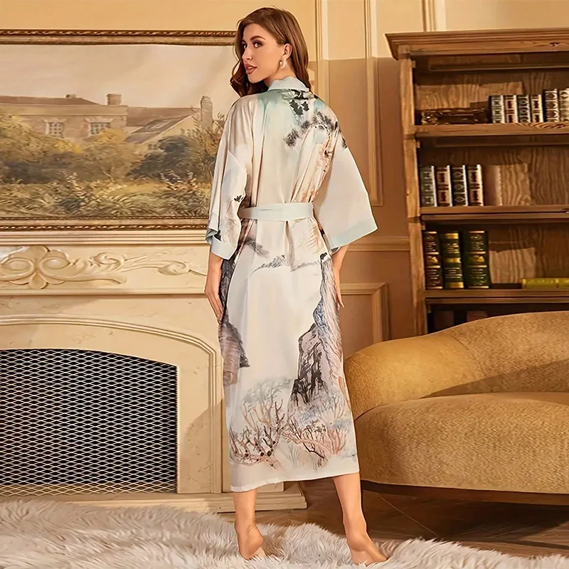 Cardigan Kimono con lacci stampato di media lunghezza allentato elegante retrò europeo e americano Accappatoio sexy estivo Camicia da notte Copricostume da spiaggia Abbigliamento di protezione solare