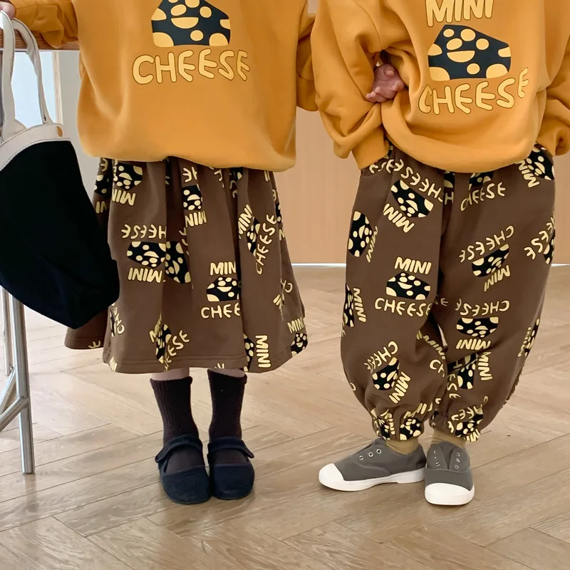 Korean Spring Autumn Children Sibling Clothes Set Printed Cheese Shirts Baby Boy Suit Loose Stretch Pants Kid Girl Skirt Outfits