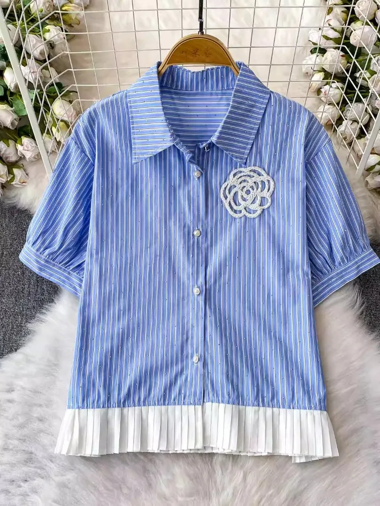 

Shirts & Blouses For Women Summer Striped Flower Splicing Hot Diamond Woman Top Blue With Short Sleeve Trendy High Quality Lady