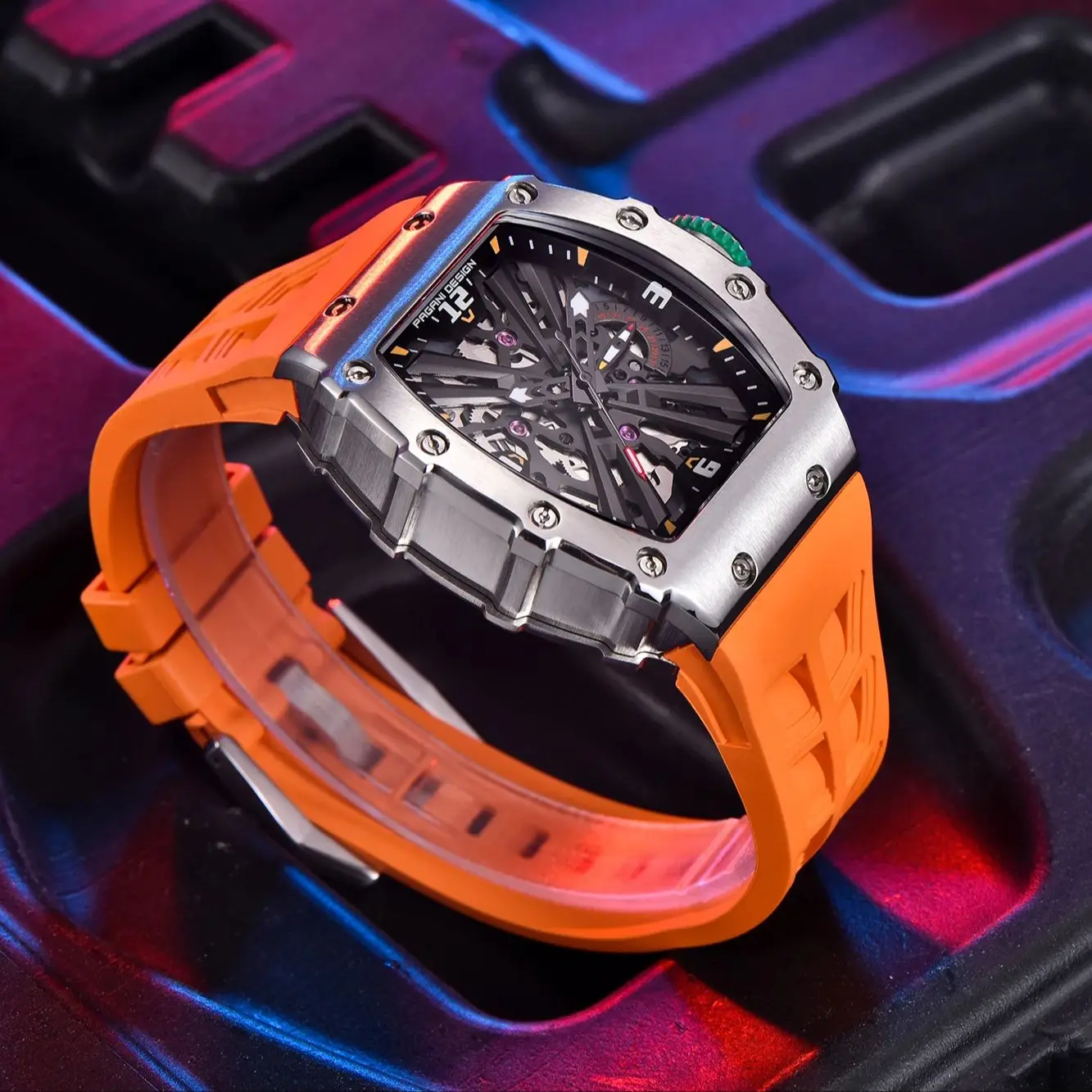 Pagani Design Men's Skeleton Watch Japan VH65 Quartz Rubber Strap Synthetic Sapphire Glass Tonneau Sport man Watch PD1738 - view 3