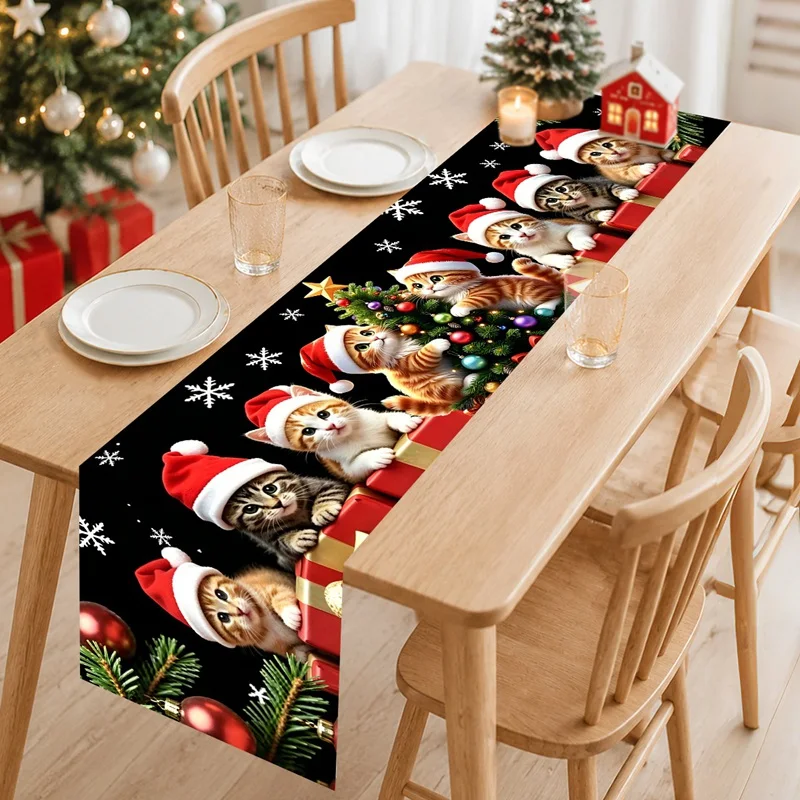 180*35cm Christmas Table Runner Xmas Tree & Cat Design Tablecloth for Winter Holiday Home Table Decor Christmas Decorations 2026