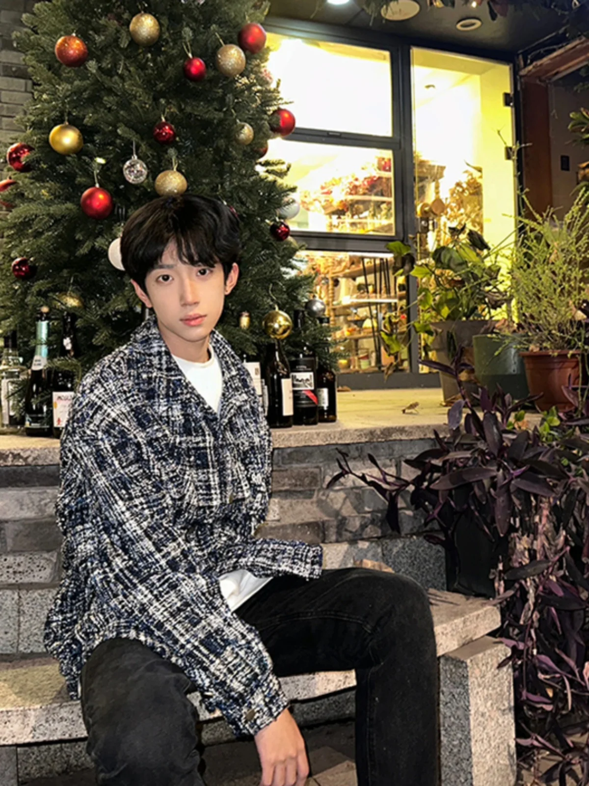 Preppy Plaid Knit Jacket for Men Spring Autumn Trendy Design Casual Handsome Workwear Style Loose Fit Long Sleeve Shirt