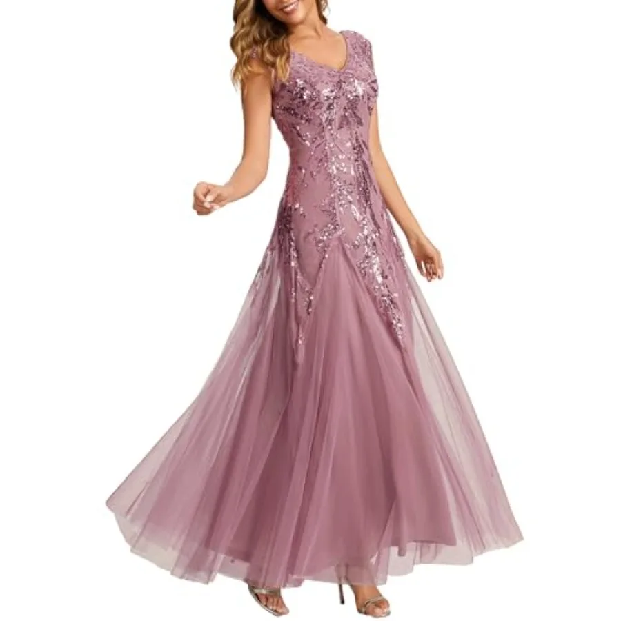 

Ever-Pretty Women's Sequin V-Neck Formal Evening Dresses Cap Sleeves Maxi Mother of the Bride Dress 02559