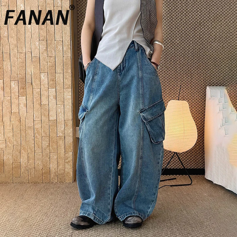 

FANAN Fashion Washed Wide Leg Jeans For Women High Waist Straight Denim Pants Streetwear Clothing Female 2026 Spring New