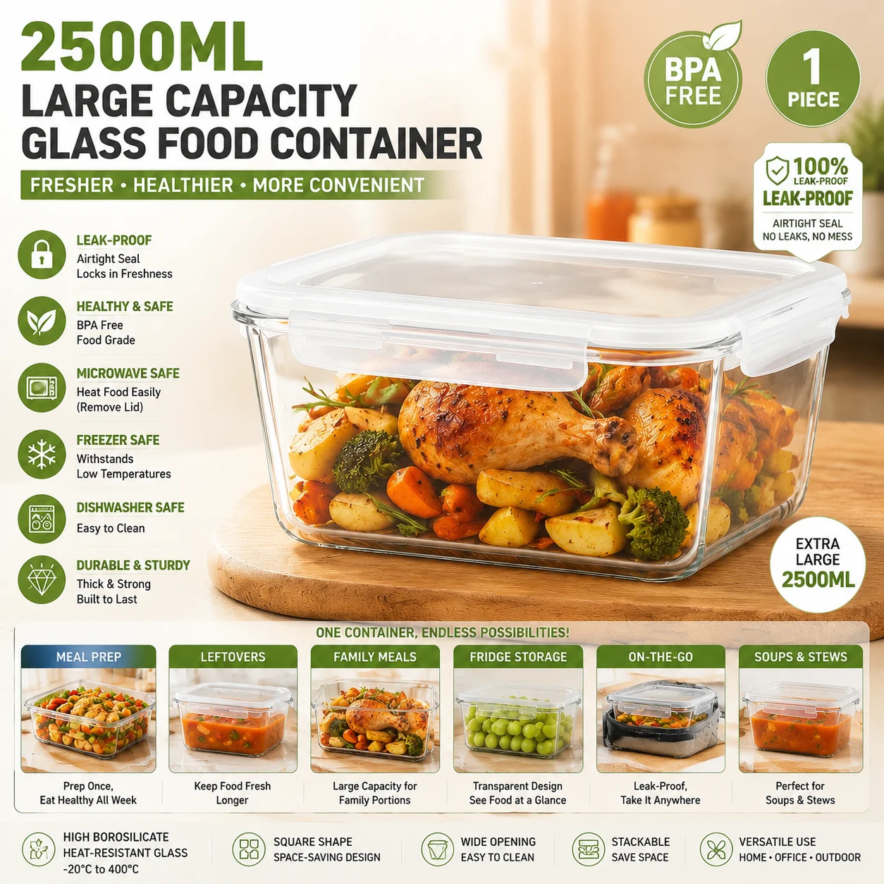 Food Storage Glass Containers Large - Large Capacity 2500ml Glass Food Container