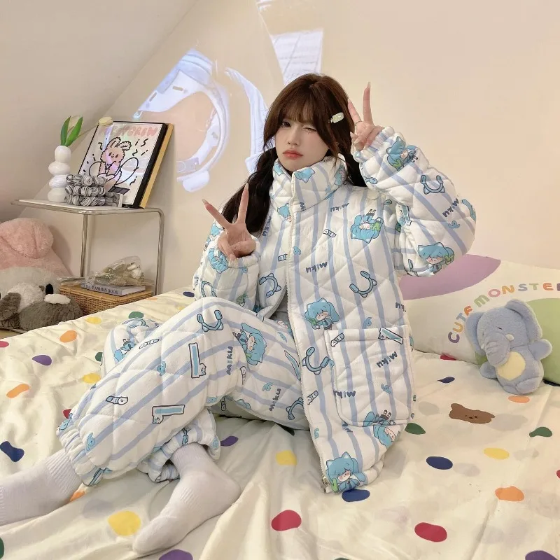 初音ミクアニメミク三層キルティングパジャマ冬肥厚ジッパー女の子かわいい漫画冬パッド入りジャケットホーム服