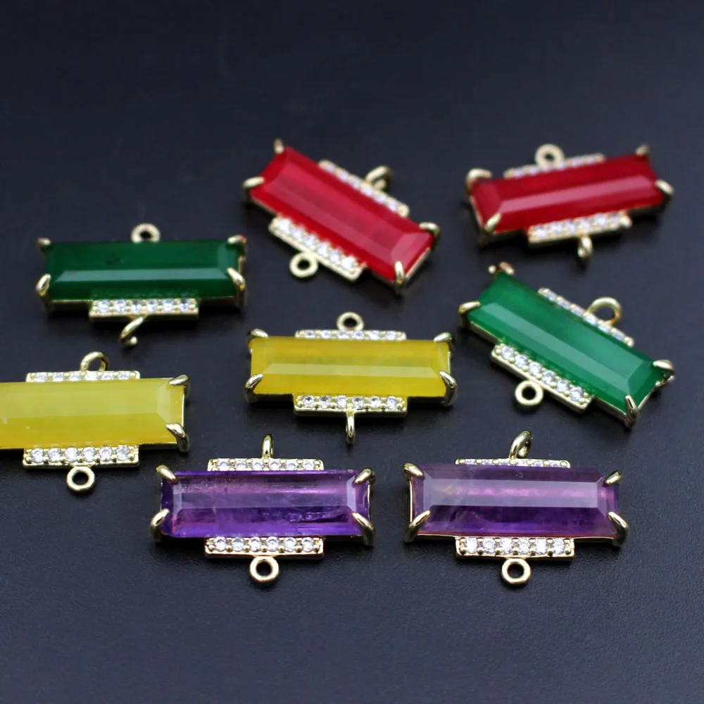 

6pcs Geometric Natural Colors Red Yellow Green Stone CZ Pendant Rectangle Connectors DIY for Women Gold Plated Earrings Making