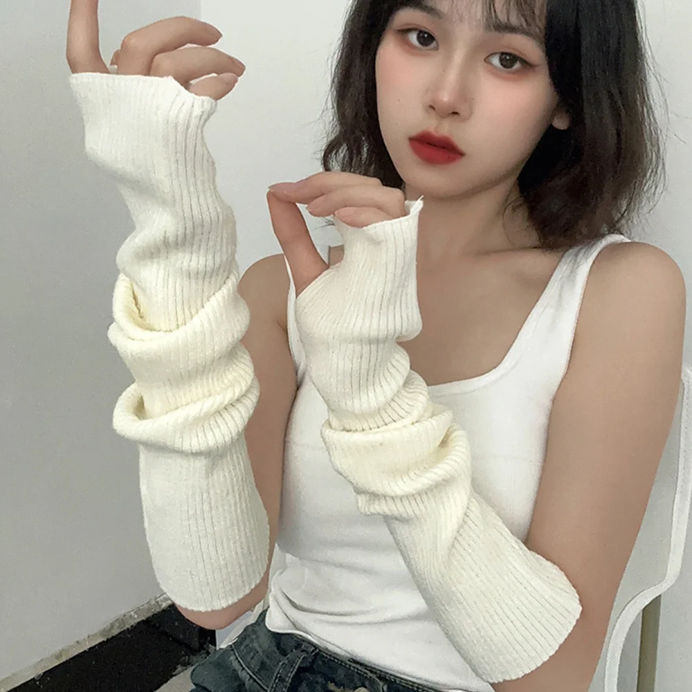 Y2K Women Knitted Arm Warmer Long Fingerless Gloves Mitten Winter Solid Arm Sleeve Fashion Casual Soft Girls Clothes Punk Gloves