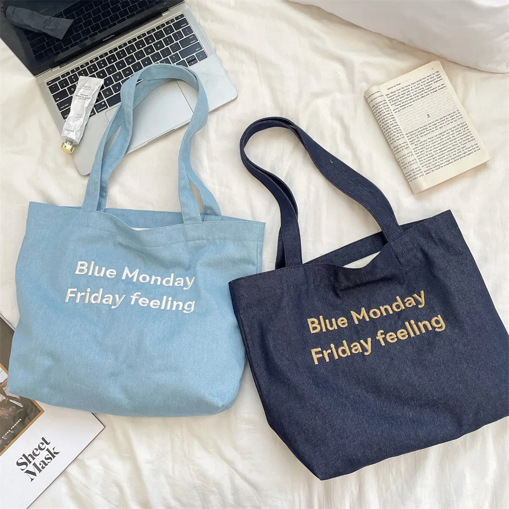 

Letter Embroidery Denim Tote Bag Solid Color Large Capacity Handbag Simple Style Shoulder Bag for Spring Summer Women Use