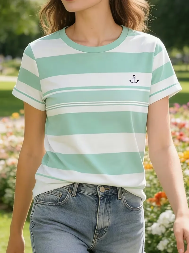 Elegant Minimalist Striped Printed Women's T-shirts Fashion Casual Round Neck Short Sleeve Tops Harajuku T-Shirt Woman clothing