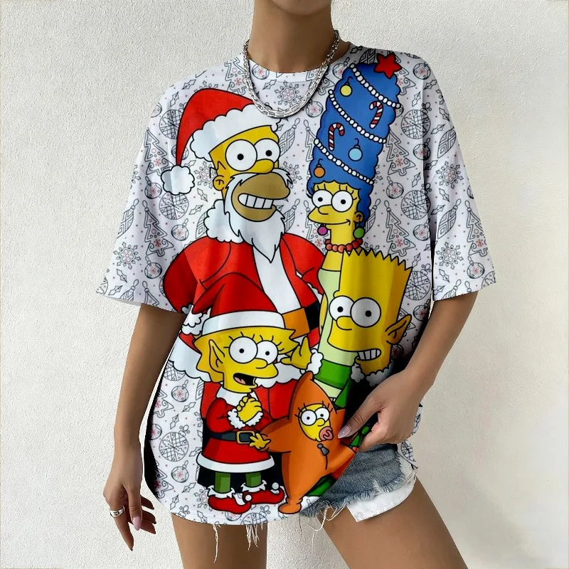 The Simpsons عيد الميلاد طباعة ديزني العلامة التجارية المرأة Y2K المتضخم تي شيرت الصيف العصرية فضفاض رداء علوي غير رسمي للسيدات الموضة