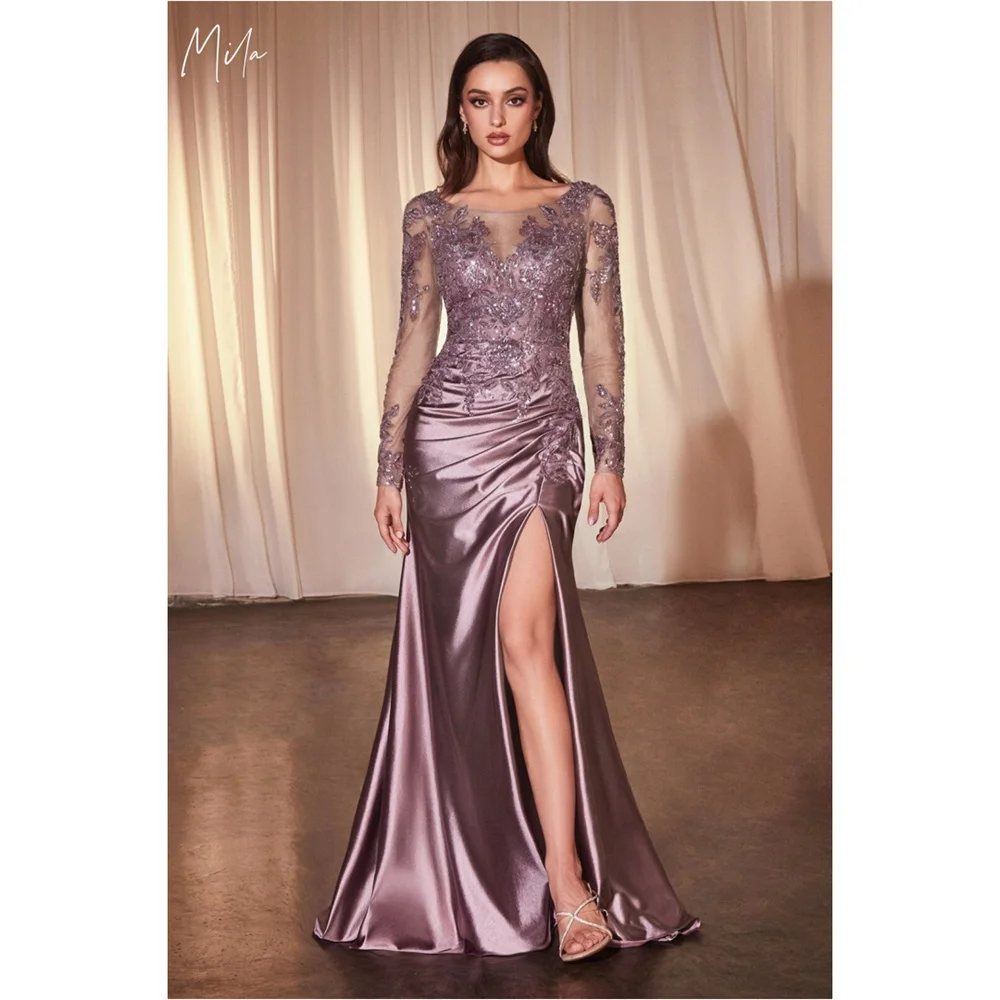 Mila Embroidery Sweetheart Neck Prom Dresses Long Sleeve Side High Split Customized Formal Evening Floor-Length vestidos de gala