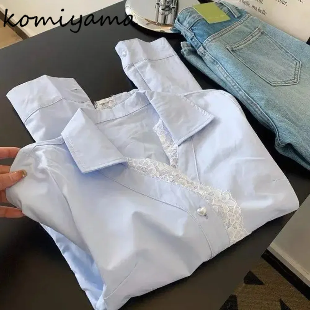

Spliced Lace Woman 2025 Shirts & Blouses Turn Down Collar Blusas Mujer Long Sleeve Clothing Fashionable Ropa De Mujer Camisas