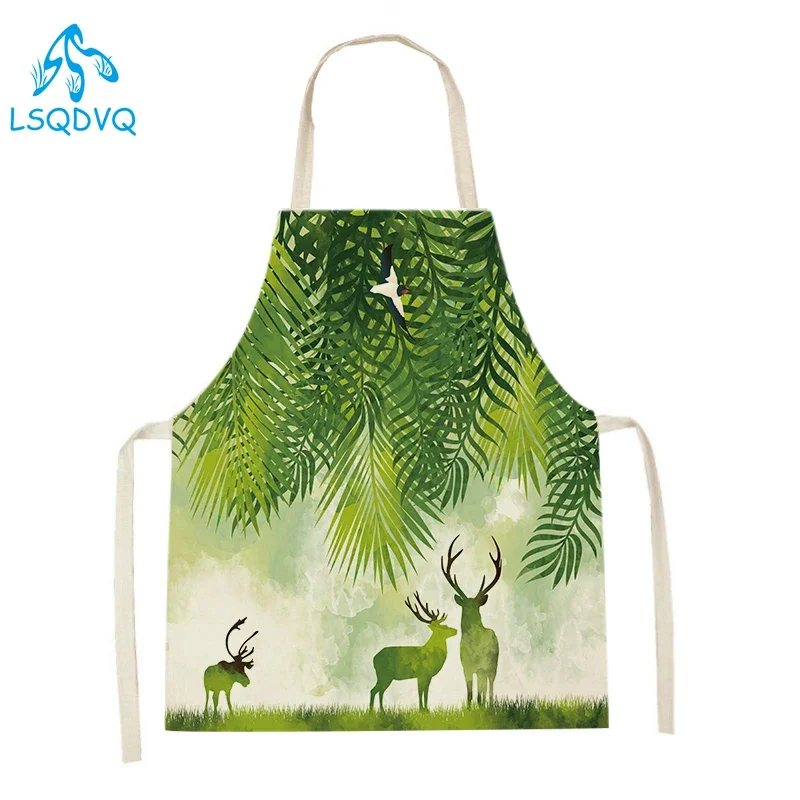 Linen Household Cleaning Aprons Household Cooking Baking Apron Animal Deer Horse Print Bib Men Women Kitchen Aprons