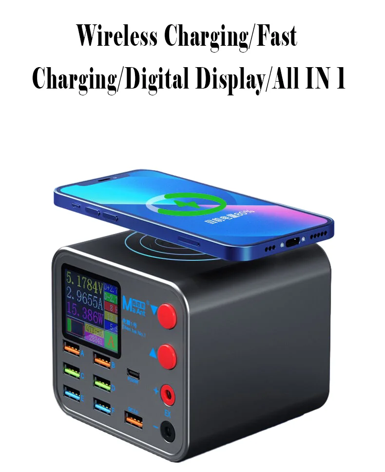 Intelligent&Multifunctional 9 in 1 Fast Charger with10W Wireless Charging+6 USB+1PD+1QC Fast Charging and 1.5inches Colored Dig