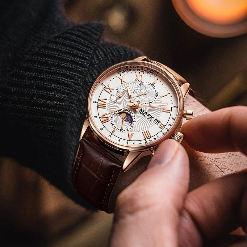 

Sport Roman Moon Phase Watches Man Waterproof Leather Top Brand Mark Fairwhale reloj hombre