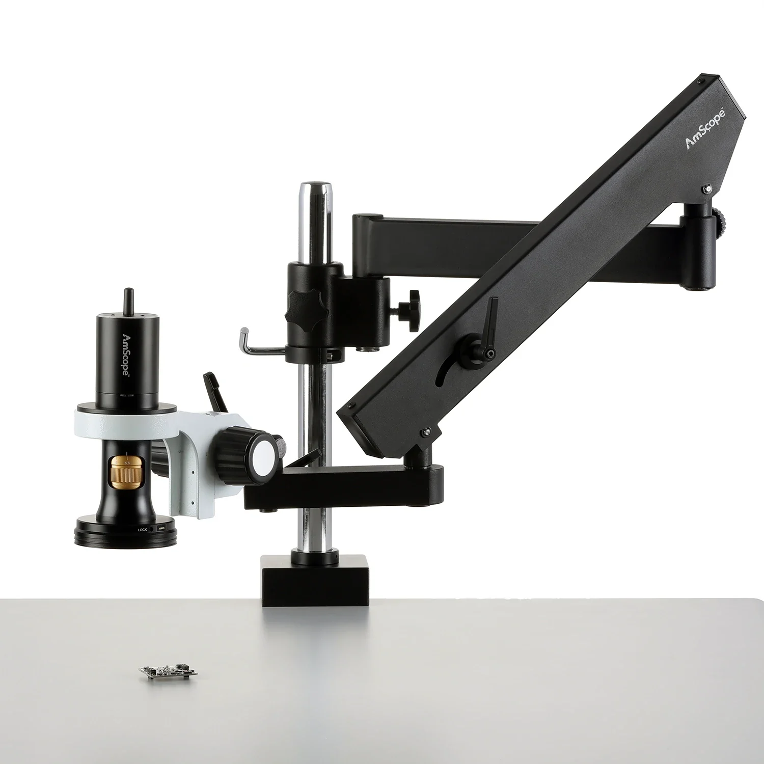 AmScope 0.7X-5.6X 1080p Wi-Fi/USB All-in-One Digital Microscope with Zoom Optics on Articulating Arm with Pillar