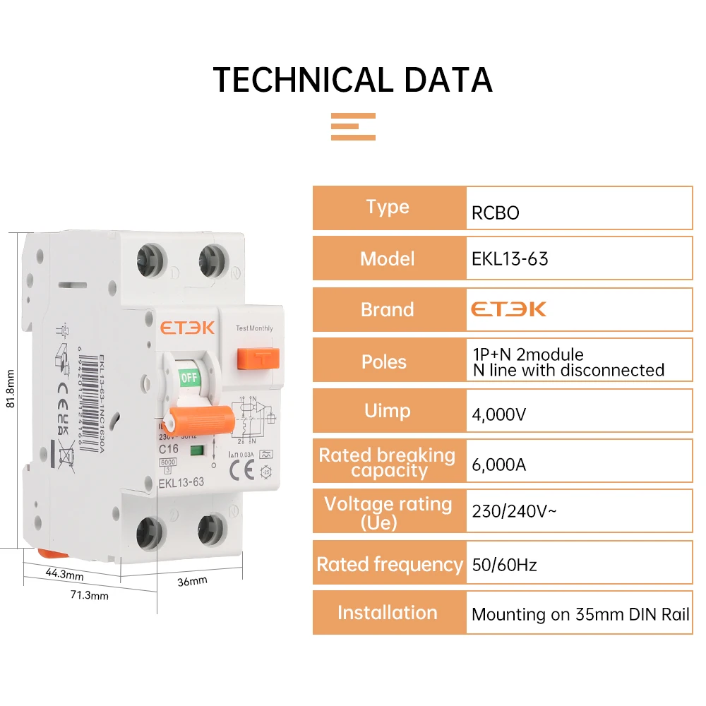 ETEK bassa tensione A tipo 30mA 2P interruttore differenziale MCB 230V sovraccarico protezione dalle perdite di corrente corta RCBO EKL13