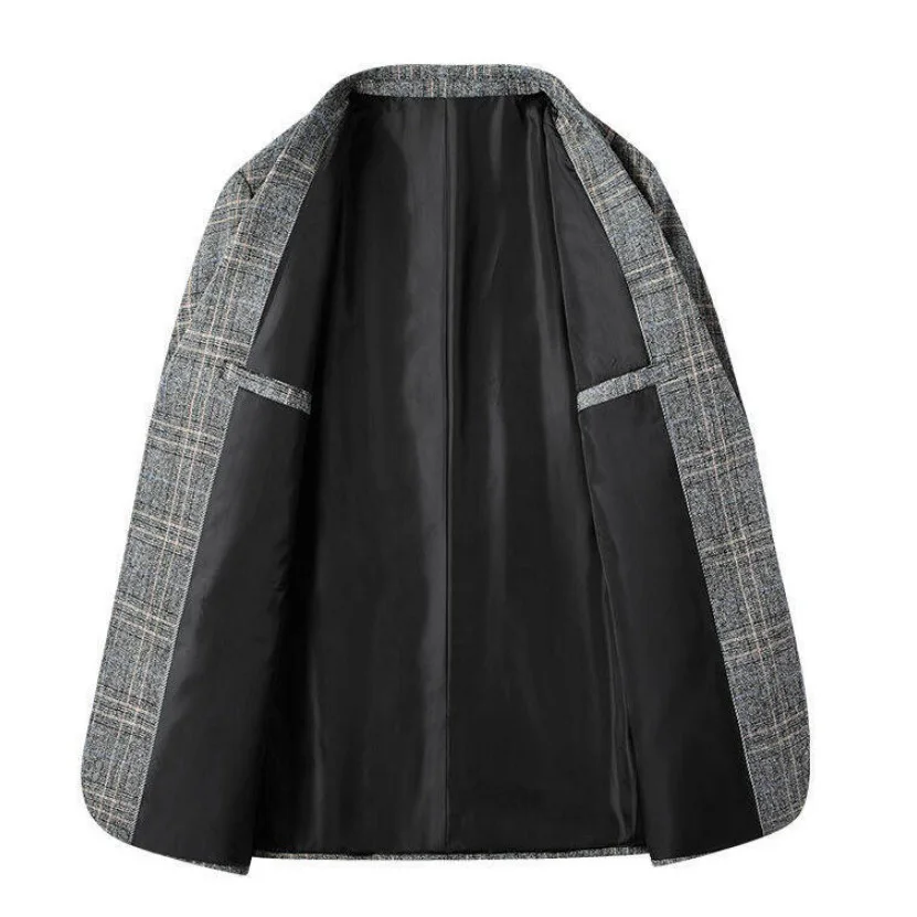 เสื้อเบลเซอร์ผู้ชายแฟชั่นฤดูใบไม้ร่วง ไม่ต้องรีด ลายสก็อต แขนยาว มีกระเป๋า เสื้อคลุมผู้ชาย กระดุมแถวเดียว สไตล์ลำลองสำหรับธุรกิจ เสื้อสูทผู้ชาย