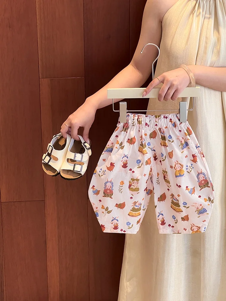 

Girls Floral Stripe Casual Pants Mosquito Proof Summer New Style High Waist Straight Leg Cotton Shorts Lengthened High Fashion