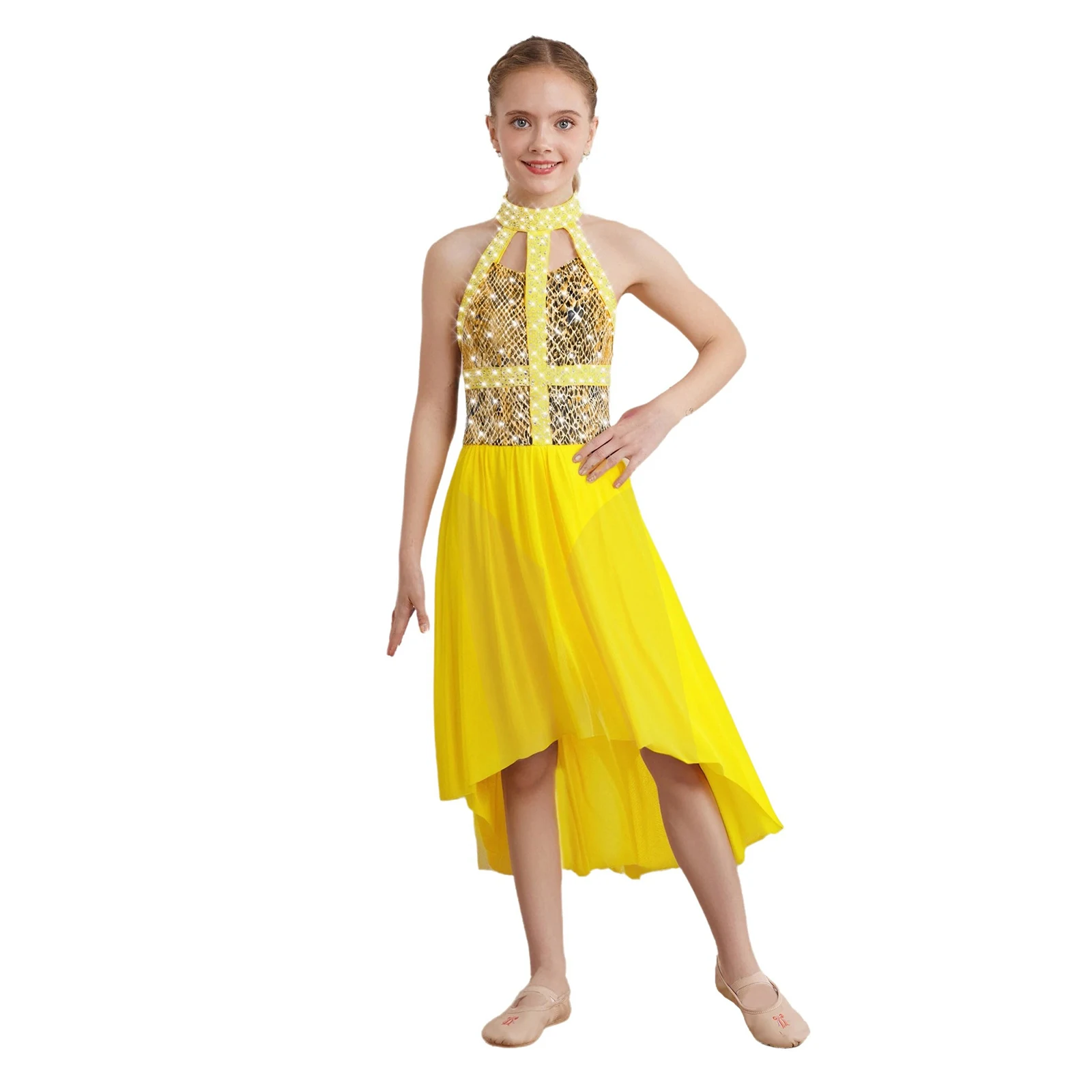 

Kids Girls Contemporary Lyrical Dance Dress Snakeskin Printed Shiny Rhinestones Halter Sleeveless High-Low Mesh Hem Dresses