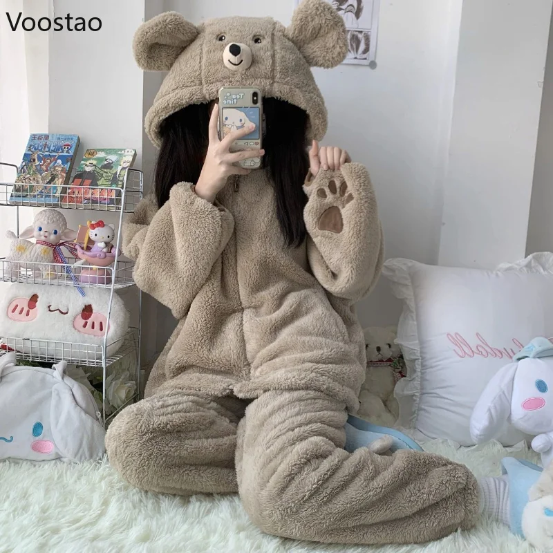 Autumn Winter Sweet Lolita Style Pajama Sets Women Kawaii Bear Ear Hooded Coral Fleece Warm Sleepwear Girls Cute Home Nightwear