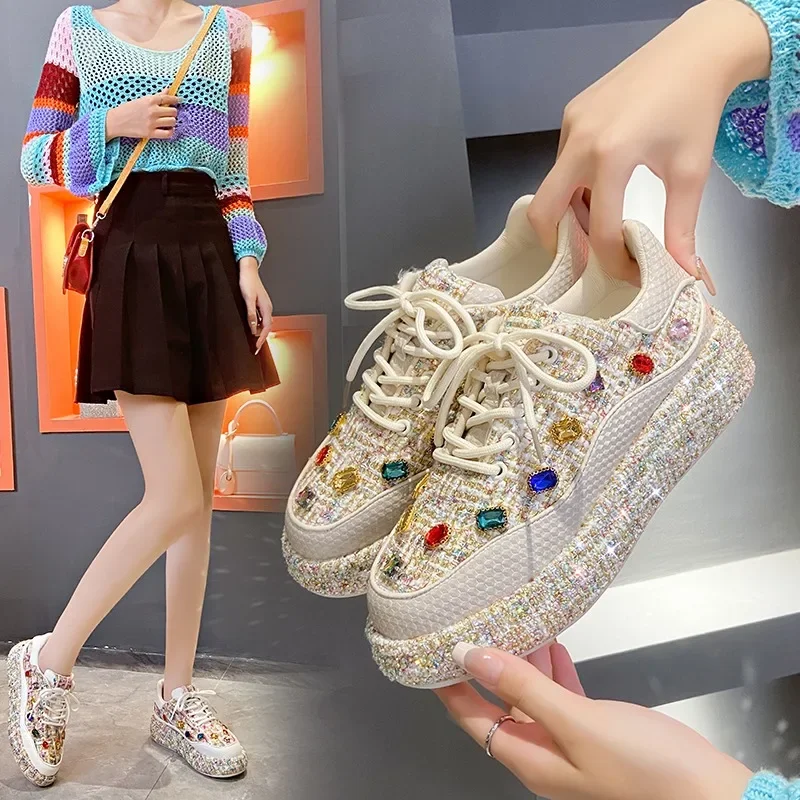 Designer Sneakers for Women 2023 New Spring Shiny Rhinestones Women\'s Vulcanize Shoes Fashion Autmn Platform Casual Shoes Female