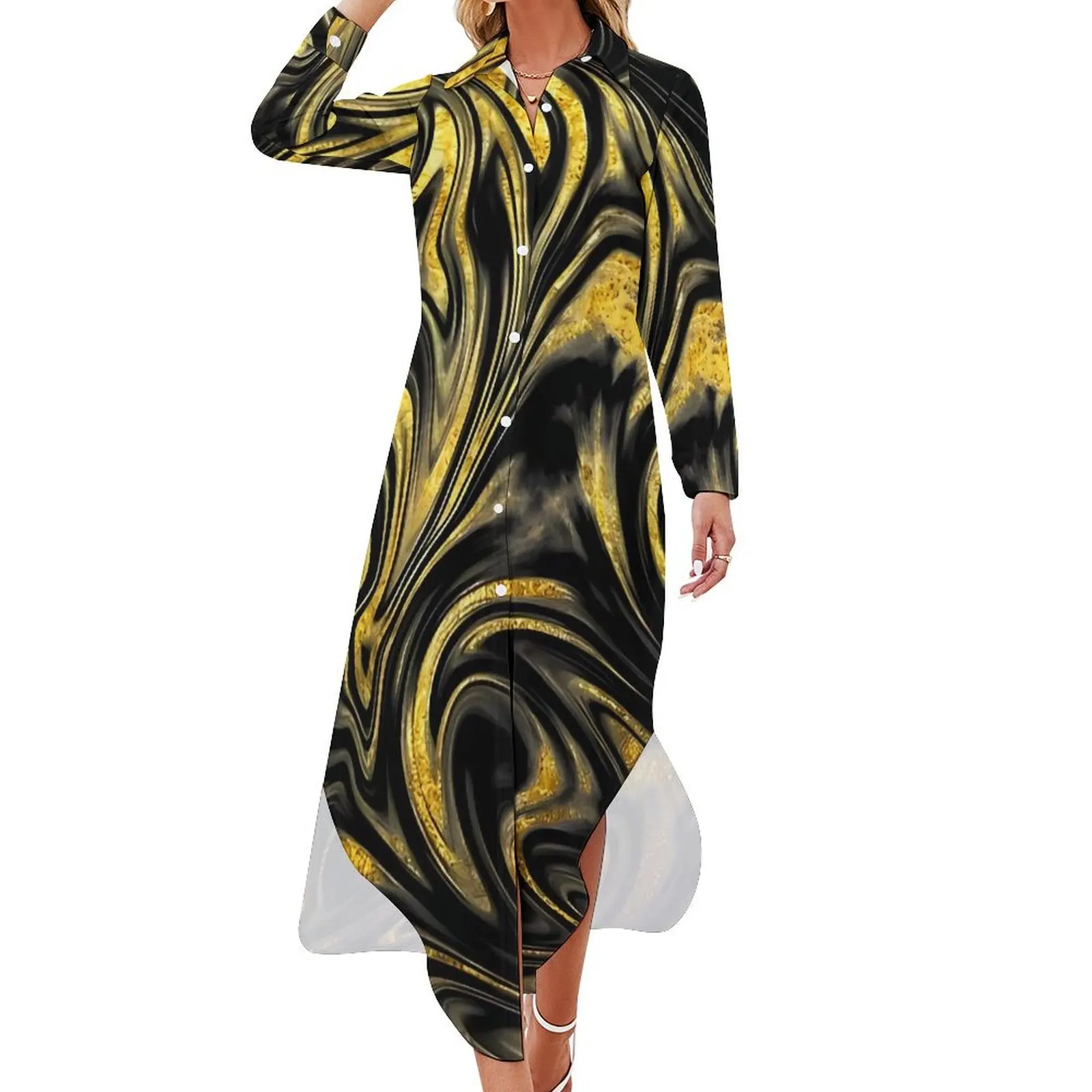 

Gold And Black Marble Chiffon Dress Cute Dresses Women Long Sleeve Aesthetic V Neck Design Oversized Casual Dress