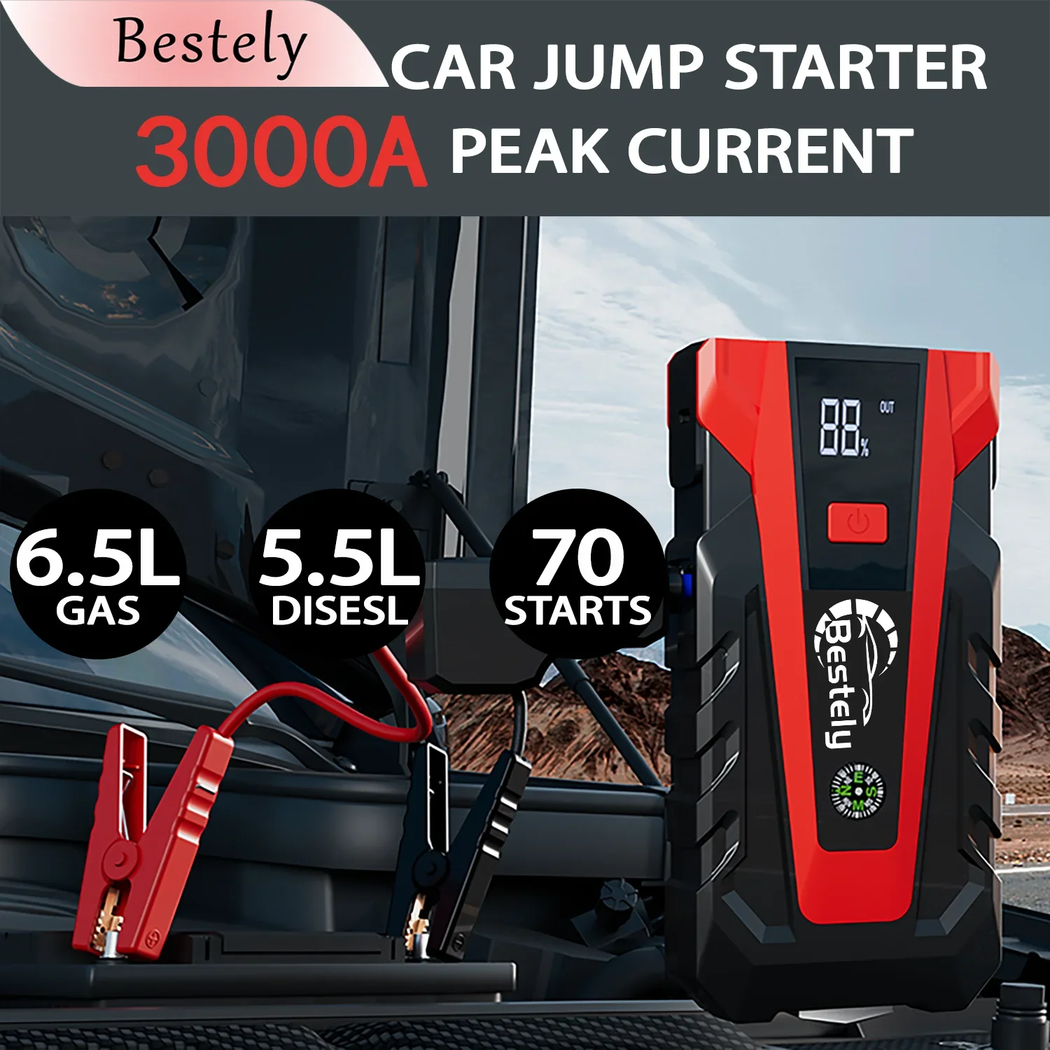 3000A Peak 12V Car Jump Starter, Portable Battery Booster with LCD Display, LED Light & USB Charger for Cars Trucks SUV .