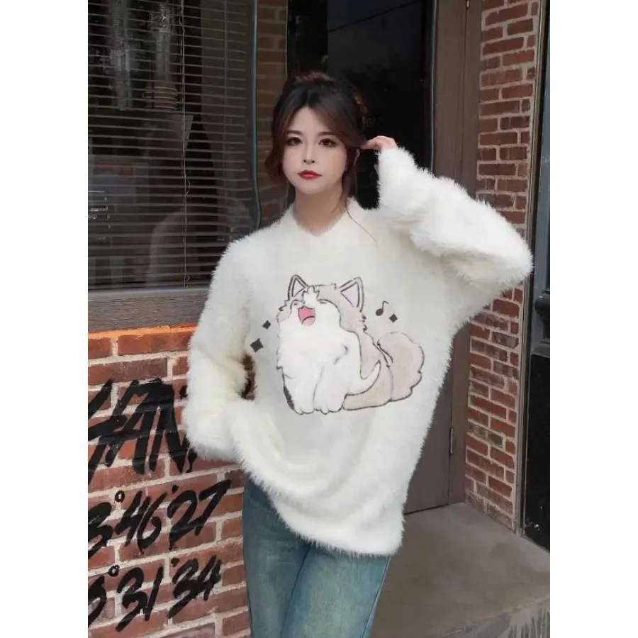 Furry Cat Loose Knit Sweater Embroidery Cartoon Cute Plush Pullover Women 2024 y2k clothing fairycore 2000s kawaii grunge korean