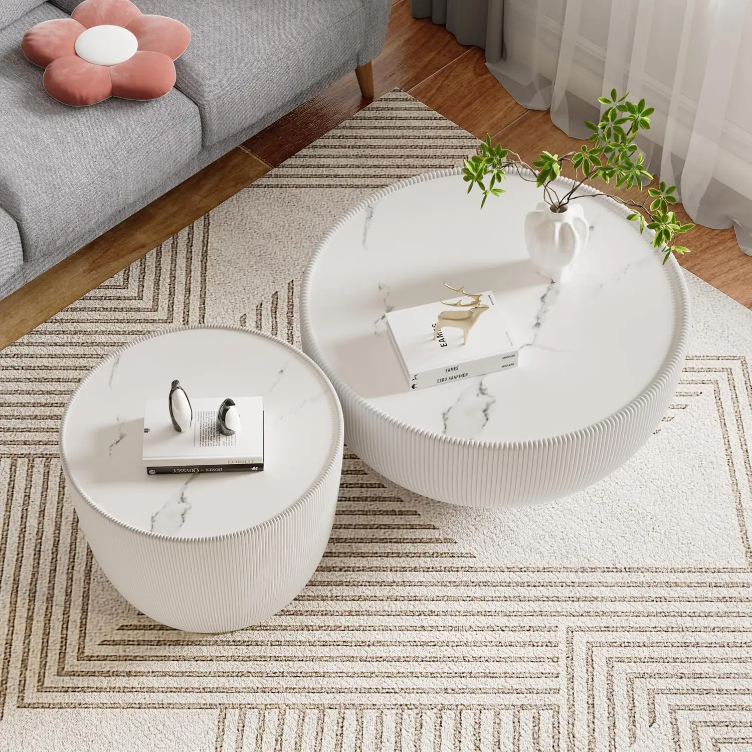 Drum Round Coffee Table Set 2 Sintered Stone Marble Top Fluted PU Leather Metal Base 27.56in Fully Assembled, Customized