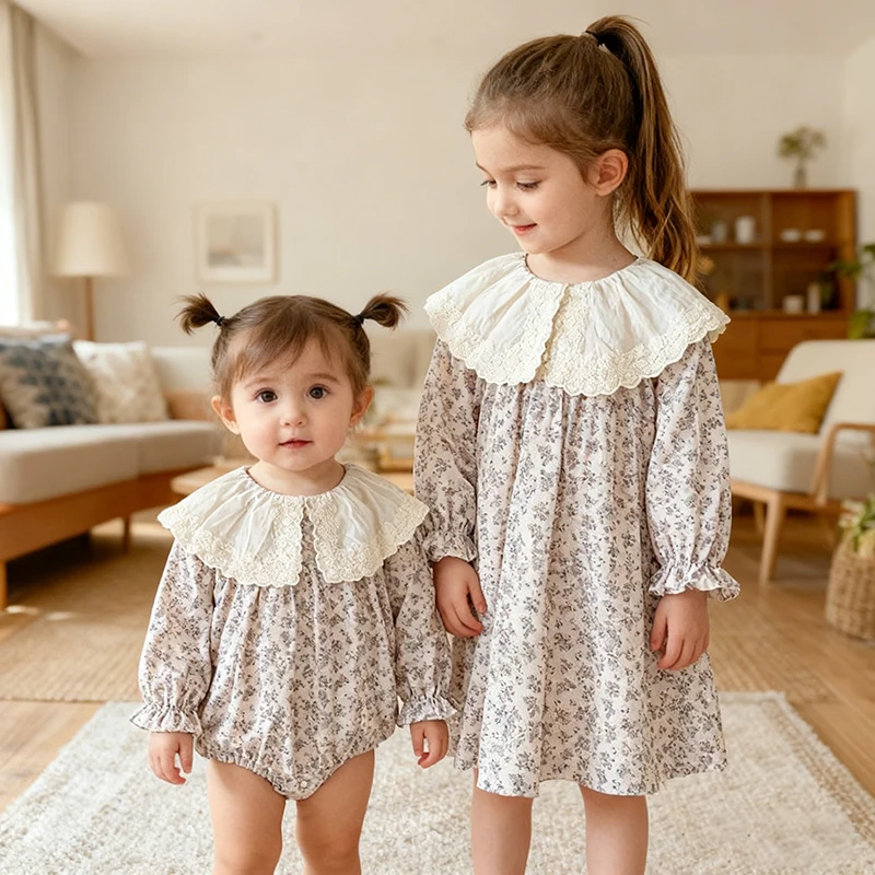 

2026 Новое весеннее платье для сестры, праздничное платье принцессы для девочек от 2 до 6 лет, комбинезон с принтом для маленьких девочек, хлопковая детская милая одежда с длинными рукавами