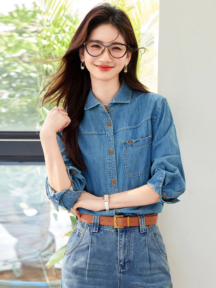 Women Denim Shirt 2024 Autumn New Fashionable Retro Turn-down Collar Long Sleeve Blouse Loose Temperament Top