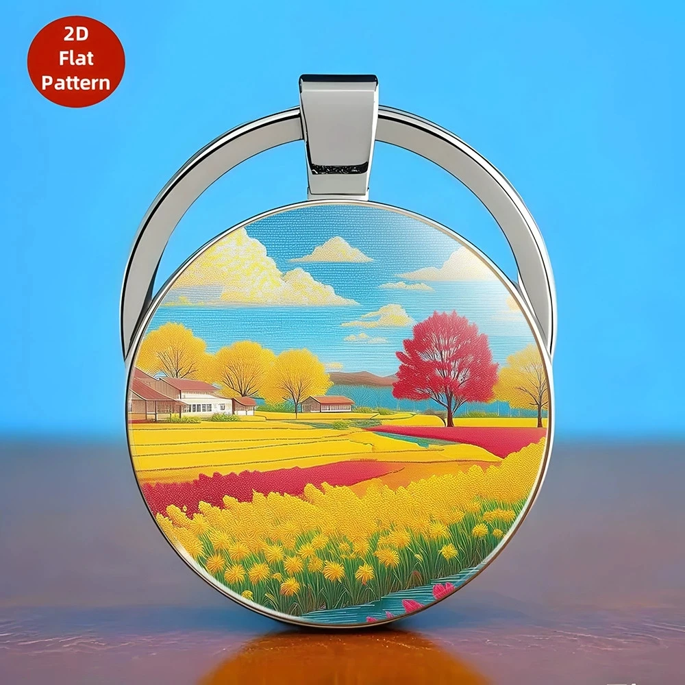 Fashion New Countryside Scenery Glass Time Gem Keychain Men Car Keyring Women Bag Key Ring Wedding Trinket Boy Gift K192