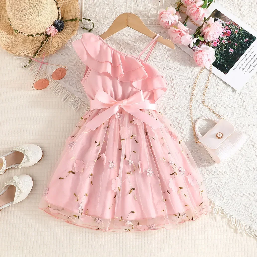 Dress For Kids 2-7 Years old Birthday Ruffled Embroidered Sleeveless Floral Princess Dresses Ootd For Baby Girl