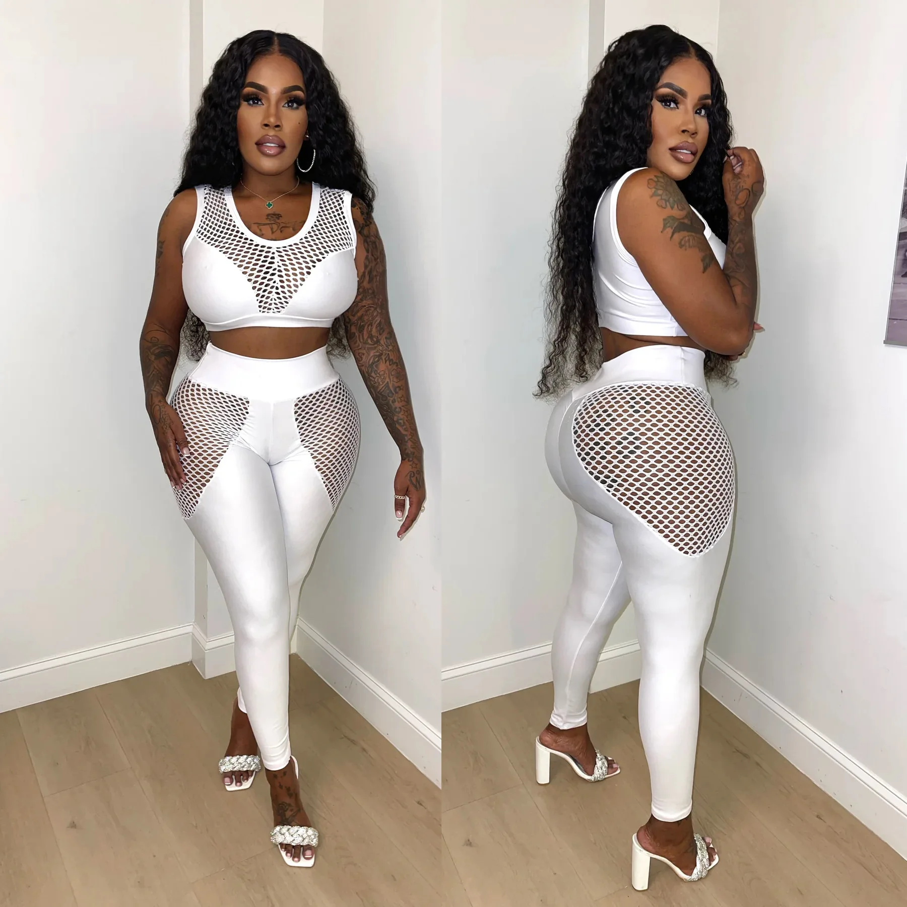 Crop Tops Mesh Two Piece Pants Sets Tracksuits Joggers 2023 Women Summer Clothes Y2K Streetwear Outfit Fashion 2 Piece Pant Set