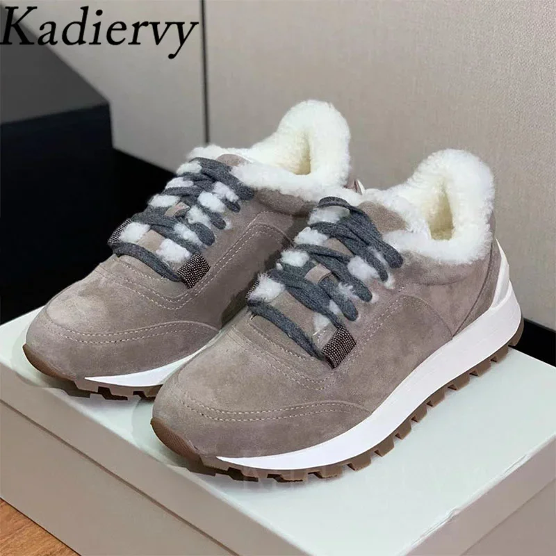 Winter Sneakers Women Lace Up Round Toe Flat Shoes WomanSuede Leather Patchwork Running Shoes Wool Warm Women\'s Sports Shoes